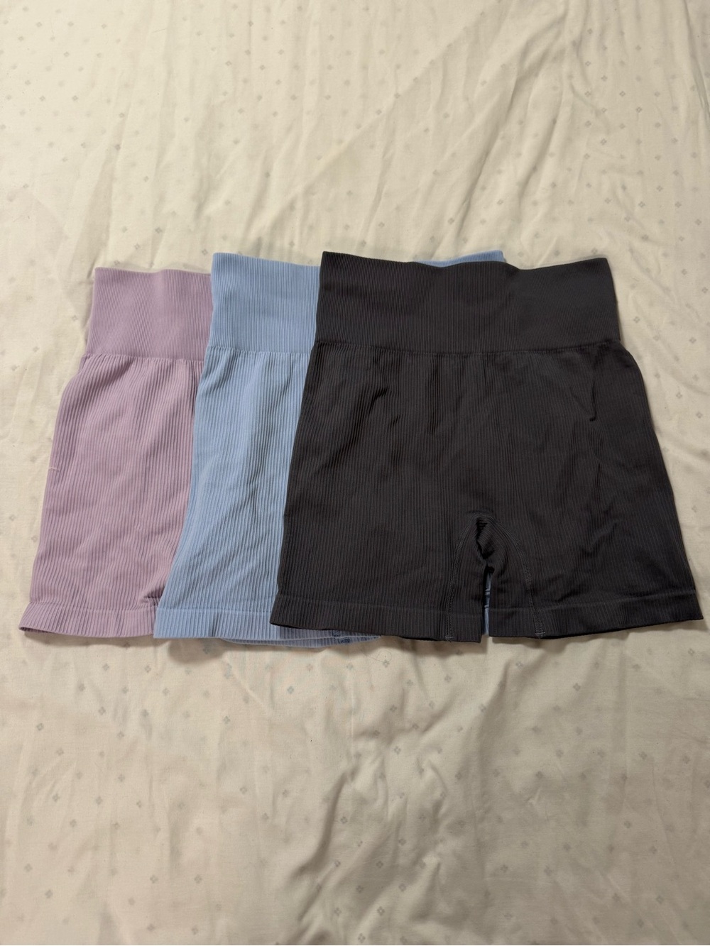 Ribbed High-Waist Bike Shorts - Black, Light Blue, Lavender